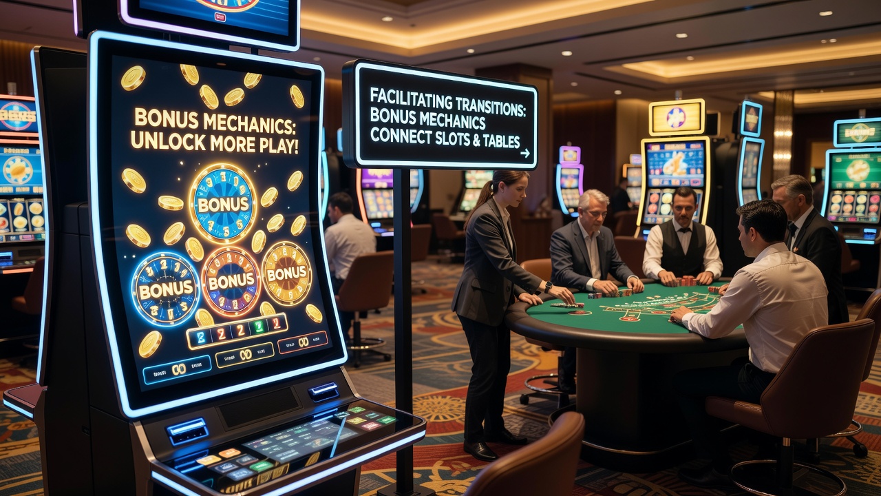 Mobile Schnittstelle zeigt Bonusübergang von Slots zu Tischspielen