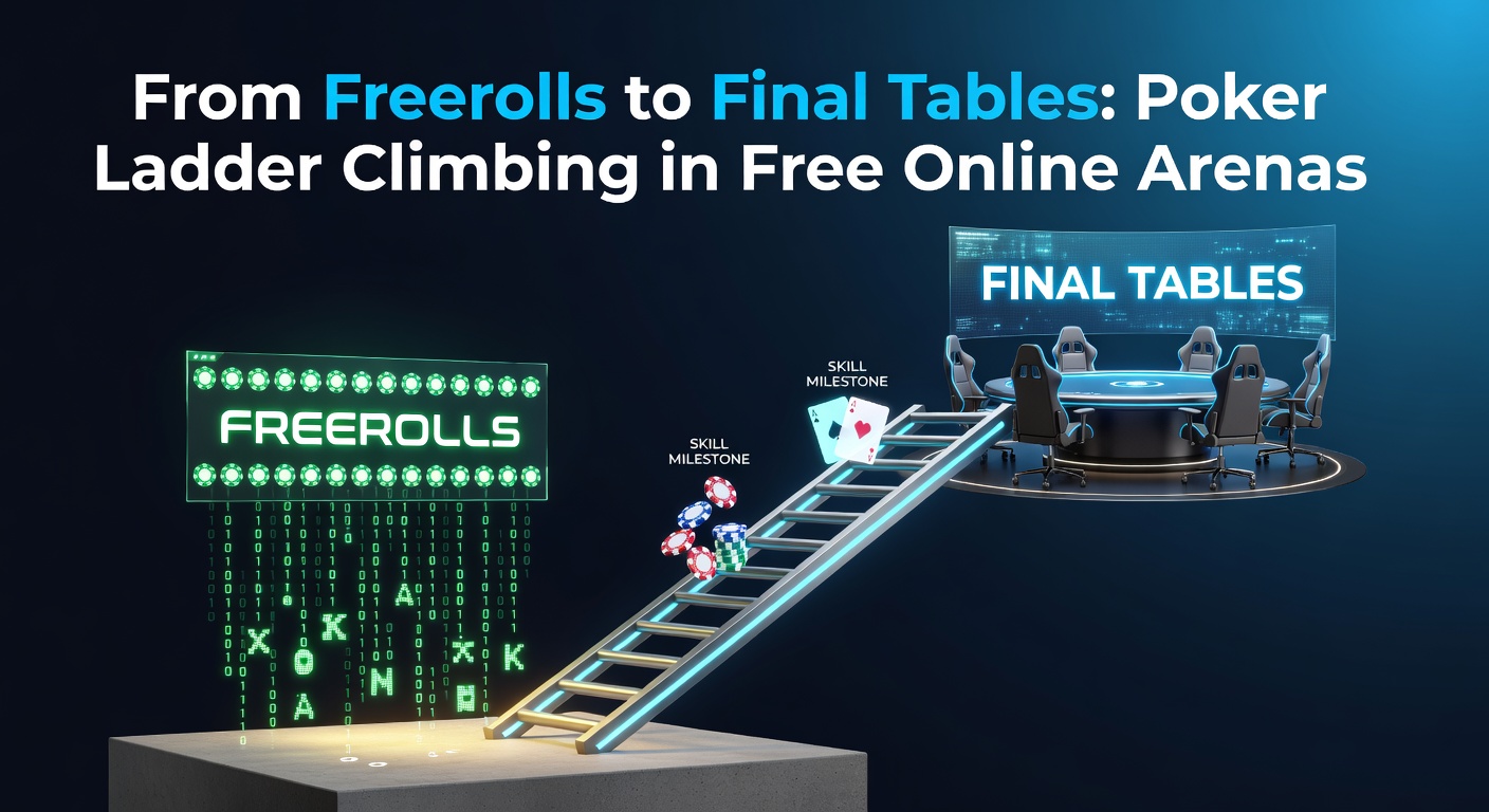 Spieler am virtuellen Pokertisch in einem Freeroll-Turnier, umgeben von Chips und Karten, die den Einstieg in die kostenlose Pokerwelt symbolisieren