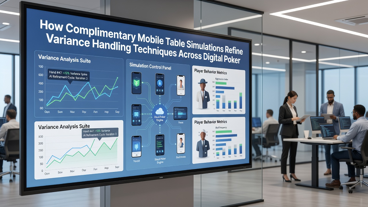 Detailansicht einer mobilen Poker-Simulation mit Varianzdiagrammen und Handverläufen für verschiedene Formate