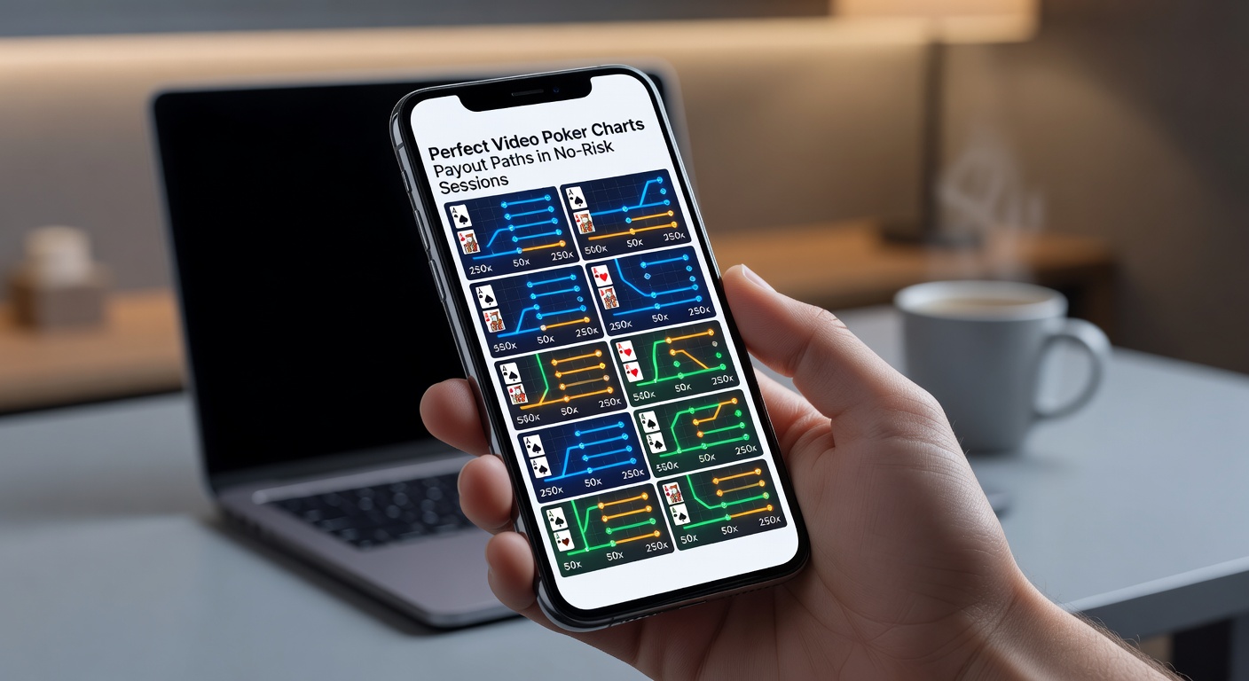 Detaillierte Grafik eines Auszahlungspfads in Video Poker, mit verzweigten Linien von der Initial Hand zu Royal Flush oder Full House, markiert mit Prozentchancen